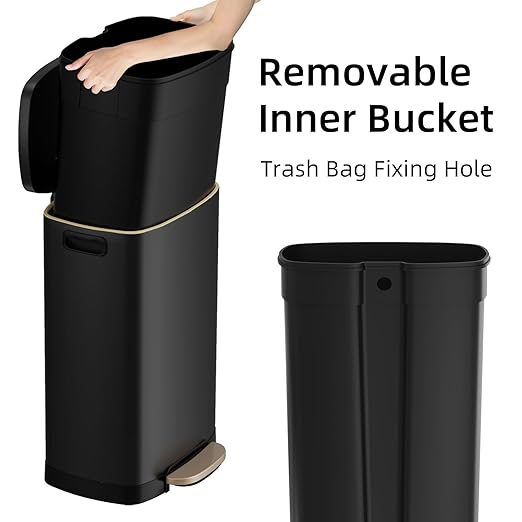 KUK 13 Gallon Kitchen Trash Can with Lid, 50L/13Gal Office Step Garbage Can for Home, Kitchen, Laundry Room, Office, Brushed Stainless Steel, Black-DeskLoop Office