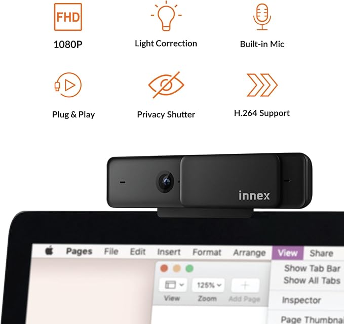 Innex C220 HD 1080p Webcam with Microphone, 71°FOV, Noise Canceling, Low Light Correction, Privacy Shutter - Plug & Play USB Webcam for PC, Windows, Mac - Ideal for Work from Home, Remote Learning-DeskLoop Office