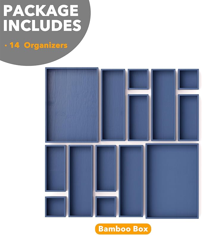 SpaceAid 14-Piece Bamboo Drawer Organizer Storage Boxes Set, Wood Tray Junk Drawer Organizers Multi-Use Divider Bins for Kitchen, Bathroom, Office Desk and Makeup Organization (14 Pack, Navy Blue)-DeskLoop Office