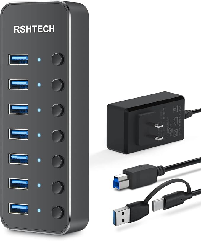 Powered UBS Hub, RSHTECH 7 Port USB 3.0/USB C Hub Upgraded Version Aluminum USB Splitter with 2-in-1 USB Cable,5V 3A Power Adapter and Individual Switches, USB Port Expander for Laptop/PC, RSH-ST07-DeskLoop Office
