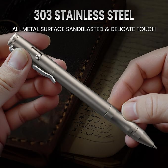 Origin-Joy 2 Pack Stainless Steel Bolt Action Pen Set, Heavy Duty EDC Pocket Gel Tactical Pen With 8 Ballpoint Refills (Sandblasting)