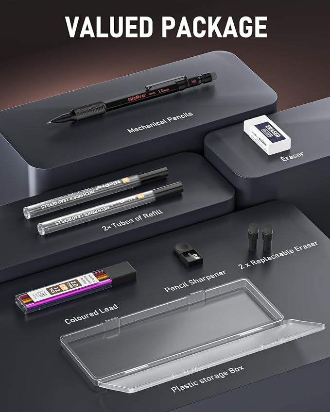 Nicpro 2mm Mechanical Pencils Set with Case, 12 Black Lead Refills,12 Colored Lead Refills, Erasers - MP2000 Weatherproof Metal Lead Holder, Heavy Duty Carpenter Pencil For Writing Drawing Woodworking-DeskLoop Office