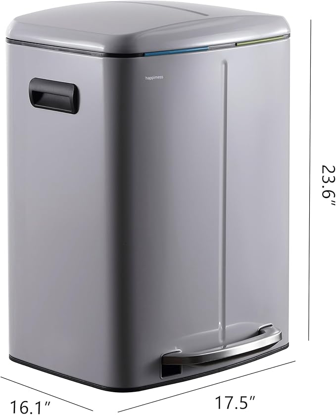 happimess HPM1005I Marco Rectangular 10.6-Gallon Double Bucket Trash Can with Soft-Close Lid, Fog Gray, Fingerprint Resistant, Modern, Minimalistic for Home, Kitchen, Office, Bedroom, Bathroom-DeskLoop Office
