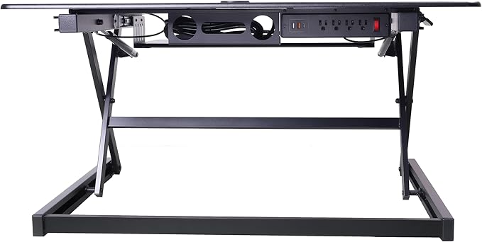 Rocelco 40" Height Adjustable Standing Desk Converter with AC Outlet USB Charger and Dual Monitor Arm Mount - Sit Stand Up Tabletop Riser - Sliding Keyboard Tray - Black (R DADRB-40-ACUSB-MA2)-DeskLoop Office