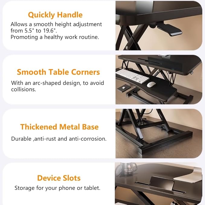 37-inch Standing Desk Converter,Height Adjustable Sit to Stand Up Workstation Riser, Dual Monitor and Laptop Riser with Wide Keyboard Tray, Headphone Stand,Cable Clips,for Home Office, Black-DeskLoop Office