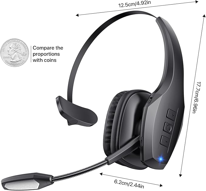 Trucker Bluetooth Headset, Wireless Headset with Mic, Bluetooth Headsets with Dual Noise Cancelling Microphone & Mute Button, 55Hrs Working Time PC Headsets for Cell Phones, Computer, Truck Driver-DeskLoop Office