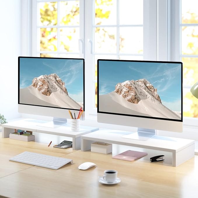 TEAMIX 2 Pack White Monitor Stand Riser - 20 inch, Wooden Desktop Stand for PC/TV/Laptop/Printer, Monitor Riser with Storage, Computer Stand with Keyboard Organizer-DeskLoop Office