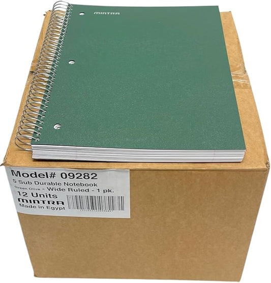 Mintra Office Durable Spiral Notebooks, 5 Subject (Green Olive, Wide Ruled 12pk)-DeskLoop Office