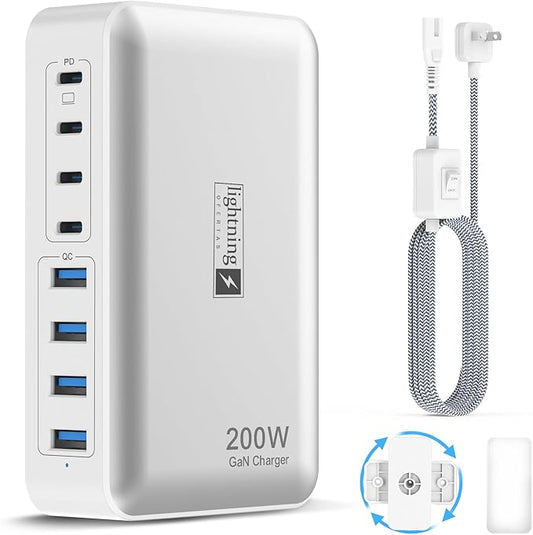 200W Charging Station for Multiple Devices, 8-Port USB C Charger Block Fast Charging, 65W Type C GaN Power Adapter for Cellphones, Tablets, Laptops, Multi Chargers USB Hub Flat Plug-DeskLoop Office