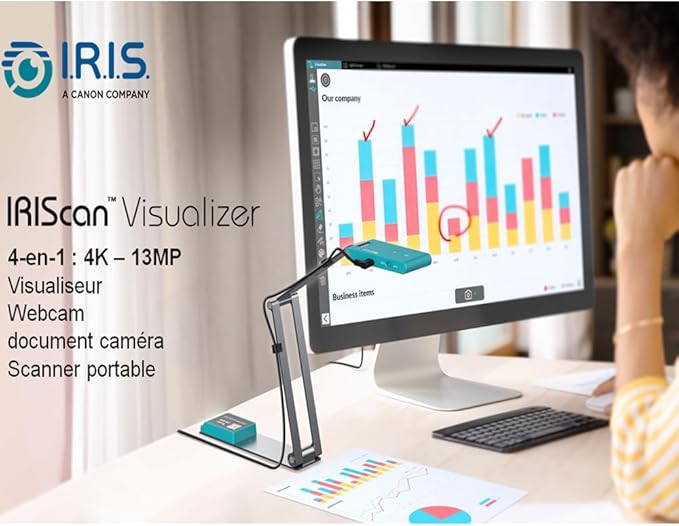 IRIScan Visualizer Webcam Document Camera v7:4K UltraHD-13MP,4in1,Free Readiris PDF OCR,visualizer,Scanner A3,Portable Scanner,Web Conferencing,Distance Learning,AI Micro,Led,USB,WinMac-DeskLoop Office