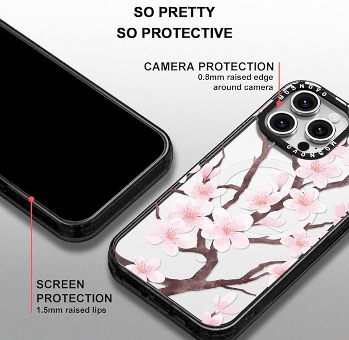 MOSNOVO Magnetic Case for iPhone 16 Pro Max, 10ft Military-Grade Protection, Compatible with Magsafe, Shockproof Phone Case for iPhone 16 Pro Max - Cherry Blossom - Clear Black-DeskLoop Office