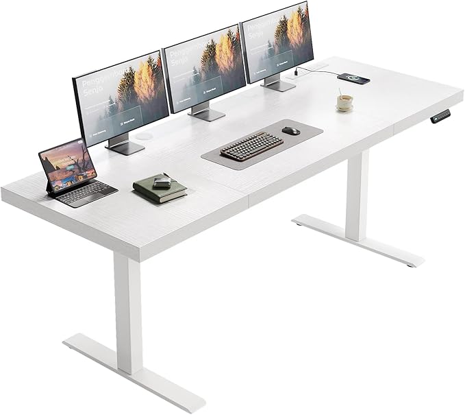 OffiGo Electric Standing Desk with 3-Piece Board, 71 Inch Height Adjustable Large Table with Power Outlets, Sit Stand Table, Writing Computer Desk for Home, Office, Workstation, White-DeskLoop Office