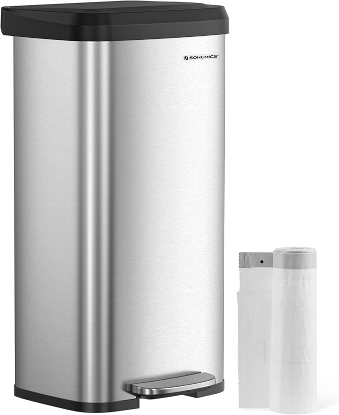 SONGMICS Kitchen Trash Can, 18-Gallon Stainless Steel Garbage Can, with Stay-Open Lid and Step-on Pedal, Soft Closure, Tall, Large and Space-Saving, Silver and Black ULTB520E68-DeskLoop Office