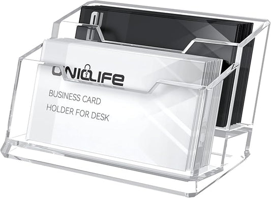 Uniclife Acrylic Business Card Holder for Desk 2 Slots Clear Business Card Display Stand for Men & Women Desktop Business Card Organizer Card Stand for Office Home Exhibition, 120 Card Capacity-DeskLoop Office