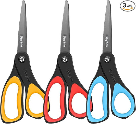 Scissors, iBayam 3 Pack 8" All Purpose Nonstick Scissors, 2.5MM Thickness Titanium Blades with Comfort Grip, Heavy Duty Shears for Office School Home Classroom General Use Art and Craft DIY Supplies-DeskLoop Office