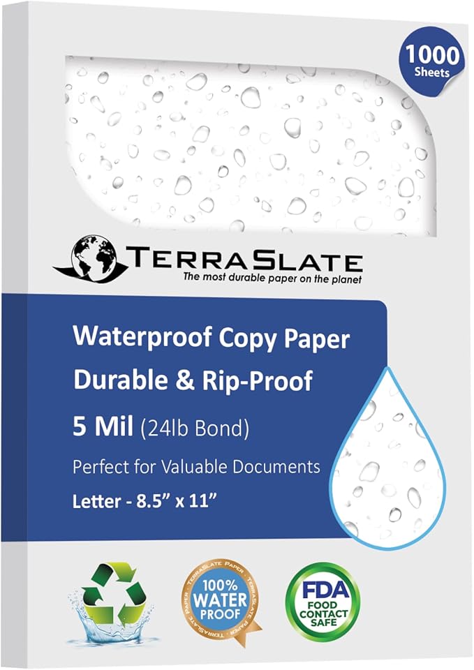 TerraSlate Waterproof, Durable, Rip-Proof Paper, 1,000 Sheets, 5 Mil (24lb Bond), 8.5” x 11”, Laser Printer and Copy Machine Compatible-DeskLoop Office