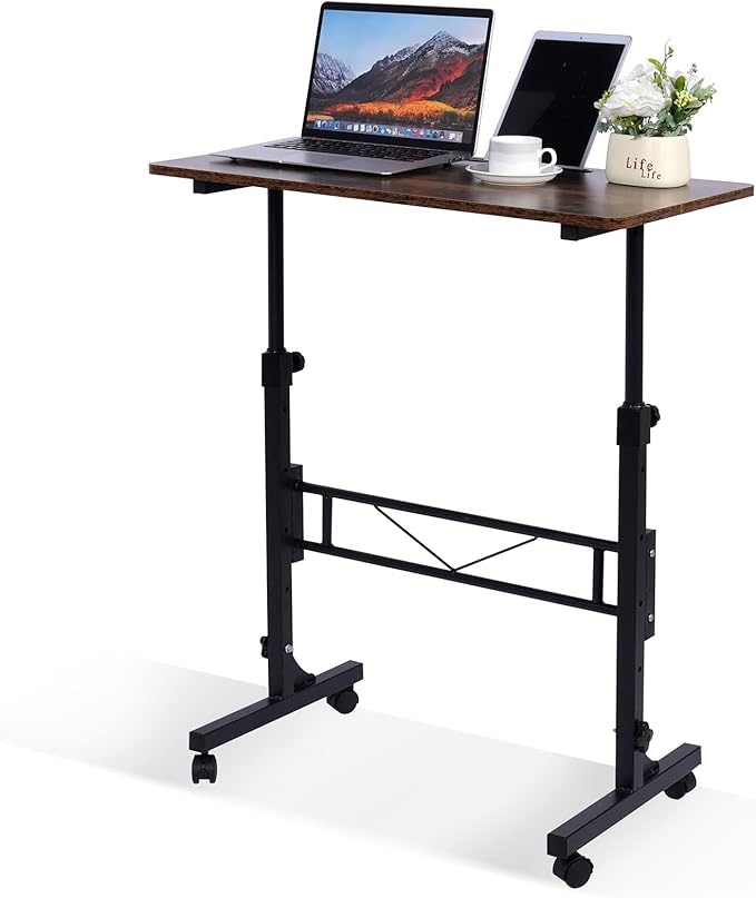 Standing Desk Adjustable Height, Mobile Stand Up Desks with Wheels Small Computer Desks Rolling Desk, Portable Laptop Desks Rustic Standing Table Sit Stand Home Office Desks 16"x31.5" Height 27"-43.5"-DeskLoop Office