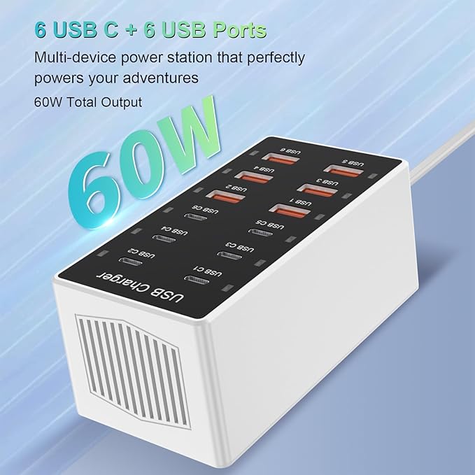 USB C Charger 12-Ports Charging Station for Multiple Devices - Wall Power Hub Strip Smart Plug Dock Block 6A 6C for iPhone Xs/XR, iPad, iPod, Laptops and Smart Phones 60W-DeskLoop Office