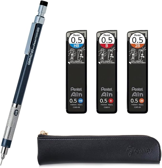 Graphlet Mechanical Drafting Pencil + Ain HB/B/2B leads, original Black slim pen case (0.5mm)-DeskLoop Office