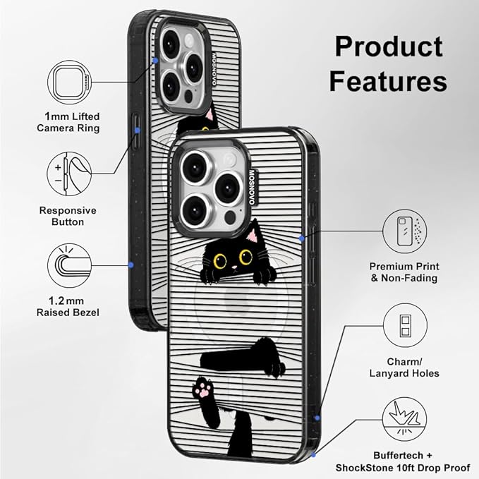MOSNOVO Magnetic Case for iPhone 15 Pro, 10ft Military-Grade Protection, Compatible with Magsafe, Shockproof Phone Case for iPhone 15 Pro - Hidden Black Cat - Clear Black-DeskLoop Office