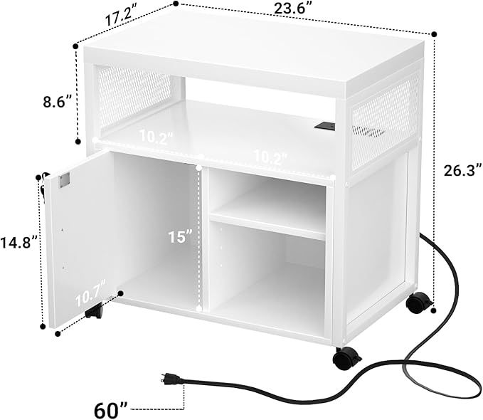Unikito Rolling File Cabinet Lateral Office Filing Cabinets with Socket and USB Charging Port, Modern Printer Stand on Wheels, Printer Cabinet with Door and Open Storage, Lockable, White-DeskLoop Office