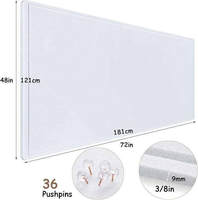 Large Bulletin Board, Foldable 72x48 Inches Cork Board Alternative, Large Felt Board Decorative Pin Board for Wall, Foldable Photo Board Self-Adhesive Vision Board with 36 Pushpins White-DeskLoop Office