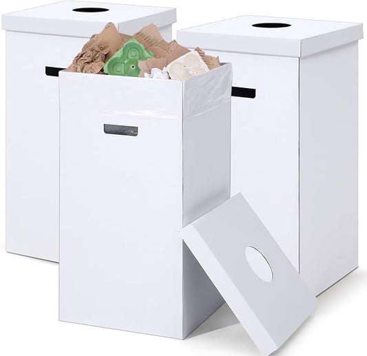 3 Pcs Cardboard Trash Cans with Lid Disposable and Reusable Corrugated Cardboard Trash Cans Recycling Bins Bulk with Garbage Bags White Rubbish Boxes for Parties Events (20 Gallon)-DeskLoop Office