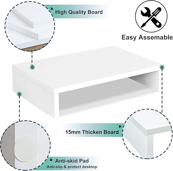 TEAMIX 14.2 inch White Monitor Stand Riser, Wood Monitor Riser with Storage for Desk Small Monitor Stand TV/Screen/PC/Laptop Riser Computer Stand Desktop Shelf (White-14.2 inch)-DeskLoop Office