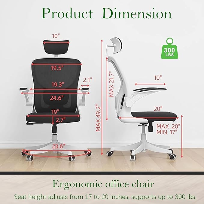 Ergonomic Office Chair, High-Back Mesh Computer Desk Chair with Adjustable Height, Lumbar Support, Flip-Up Armrests,headrest,and Swivel Rolling Design for Home and Office Use