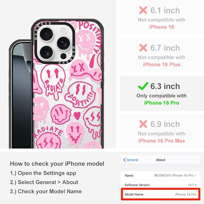 MOSNOVO Magnetic Case for iPhone 16 Pro, 10ft Military-Grade Protection, Compatible with Magsafe, Shockproof Phone Case for iPhone 16 Pro - Pink Dripping Smiles - Clear Black-DeskLoop Office