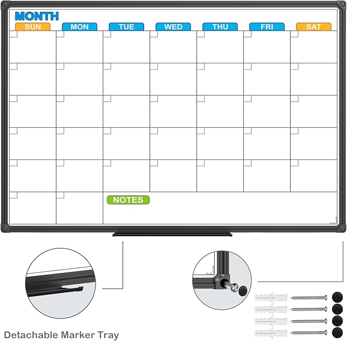 JILoffice Dry Erase Calendar Whiteboard - Magnetic White Board Calendar Monthly 24 X 18 Inch, Black Aluminium Frame Wall Mounted Board for Office Home and School-DeskLoop Office