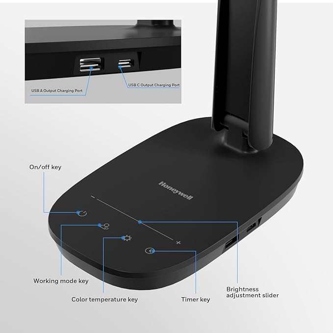 HONEYWELL LED Desk Lamp - HWT-H2 Sunturalux™ Eye-Caring Foldable Desk Light with USB A+C Dual Charging Port 4 Color Modes Dimmable Table Lamp for Home Office Bedroom Reading Study Work - Black-DeskLoop Office