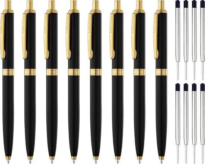 LINFANC 8 Pack Ballpoint Pens, Premium Retractable Metal Ballpoint Pen, Medium Point 1.0mm Black Ink Pen for Home School Work Office Supplies, Matte Black with Gold Trim, Extra 8 Refills-DeskLoop Office
