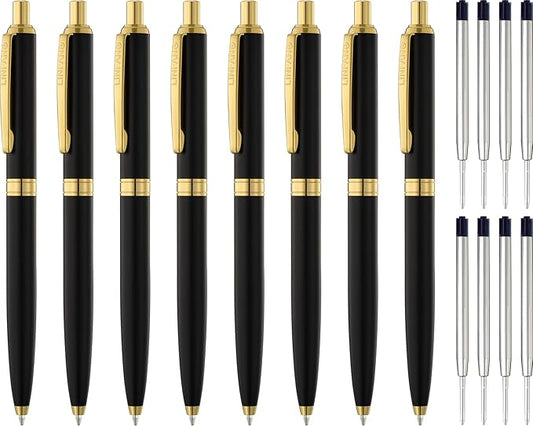 LINFANC 8 Pack Ballpoint Pens, Premium Retractable Metal Ballpoint Pen, Medium Point 1.0mm Black Ink Pen for Home School Work Office Supplies, Matte Black with Gold Trim, Extra 8 Refills-DeskLoop Office