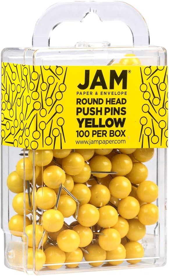 JAM PAPER Colorful Push Pins - Round Head Map Thumb Tacks - Yellow Pushpins - 100/Pack-DeskLoop Office