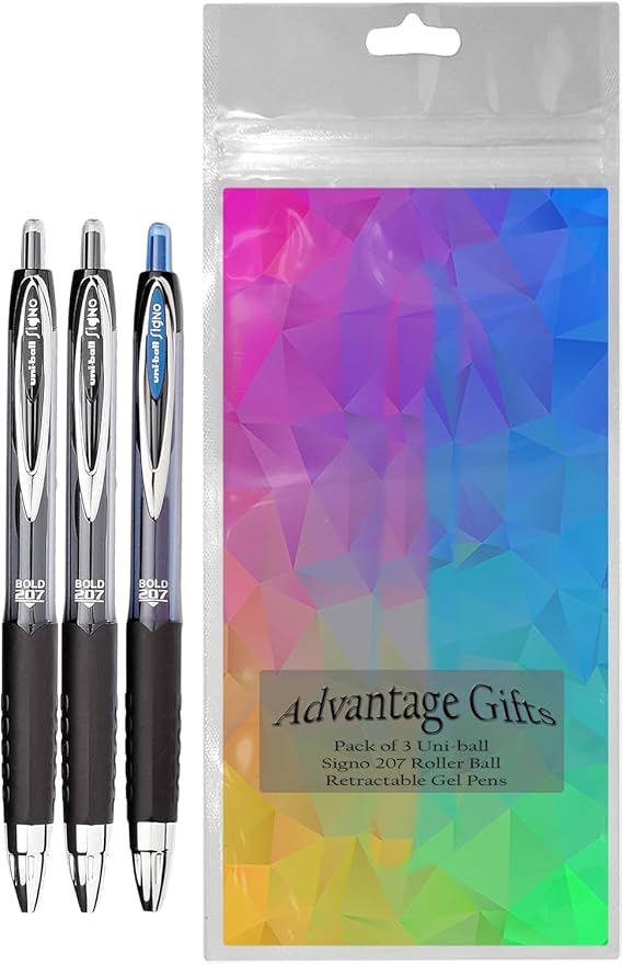 Signo 207 Roller Ball Retractable Gel Pens, Bold Point (1.0mm), Black And Blue Ink, 3 Count, Bundle with Plastic Reusable Pouch-DeskLoop Office