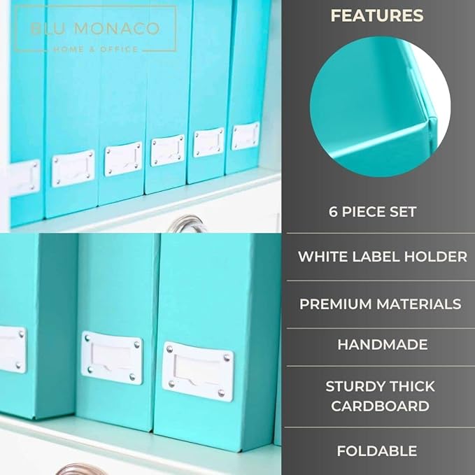 BLU MONACO Set of 6 Foldable Aqua Magazine File Holders with White Leather Label Holders – Cute Book Organizers for Desk, Classroom, Shelves, and Home Office-DeskLoop Office
