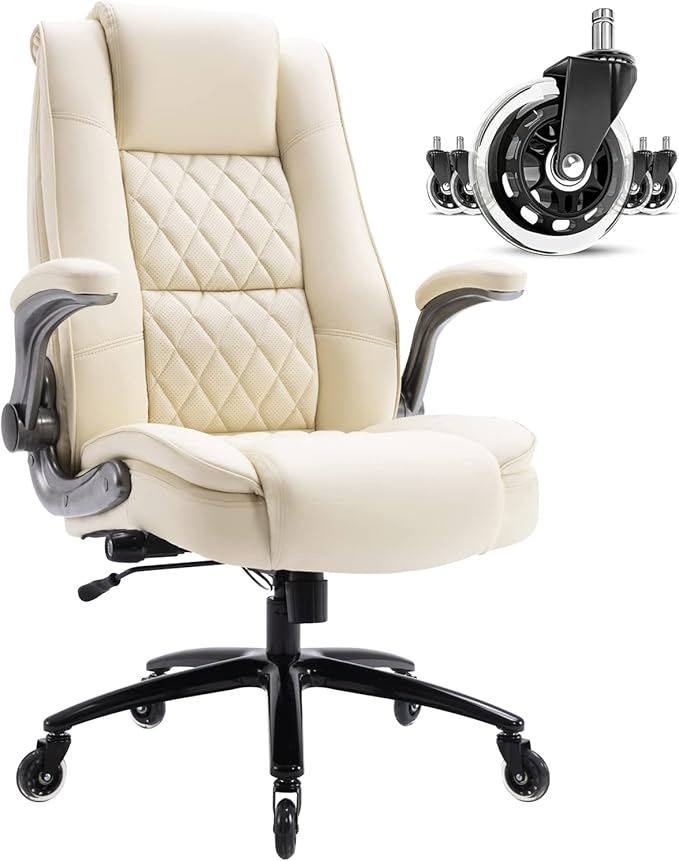 EZAKI High Back Office Chair-Flip-up Arms Executive Computer Desk Chair, Built-in Lumbar Support Thick Padded Adjustable Rock Tension Ergonomic Design for Back Pain (Beige)-DeskLoop Office