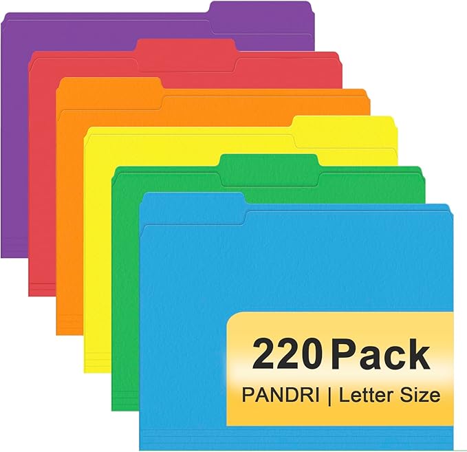 File Folder, PANDRI 220 Pack Colored File Folder, 1/3 Cut Tabs, Letter Size, Assorted 6 Colors Filing Folder for Office School Business-DeskLoop Office