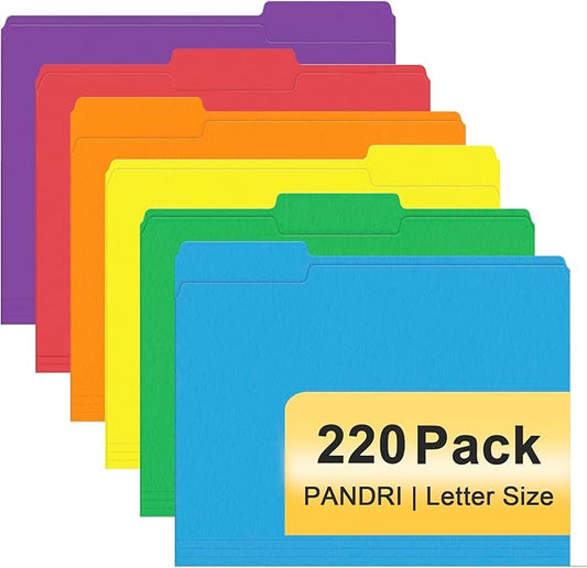 File Folder, PANDRI 220 Pack Colored File Folder, 1/3 Cut Tabs, Letter Size, Assorted 6 Colors Filing Folder for Office School Business-DeskLoop Office