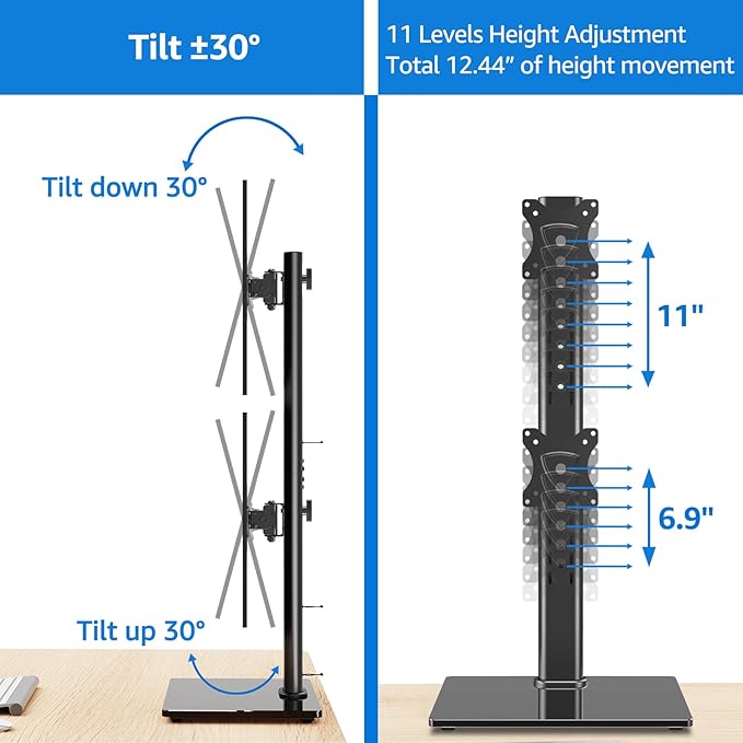 MOUNTUP Vertical Dual Monitor Stand, Stack Two Screens up to 32 inches,33 Lbs, Free-Standing Monitor Desk Mount, Monitor Riser with Swivel, Tilt, Height Adjustable, VESA Stand 100 x 100mm, 75 x 75mm-DeskLoop Office