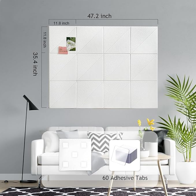 Large Cork Board for Walls 48"x 36", 12 Pack Felt Wall Tiles with Safe Removable Adhesive Tabs, Cork Board for Office,Pinboard Bulletin Board - White-DeskLoop Office