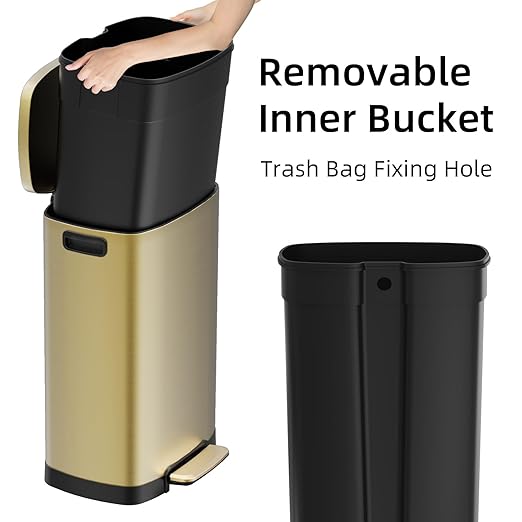 KUK 13 Gallon/50L Stainless Steel Kitchen Trash Can with Lid and Step Pedal-Large Capacity Garbage Bin with Odor Seal, Silent Close Lid, Removable Inner Bucket, Titanium Gold-DeskLoop Office