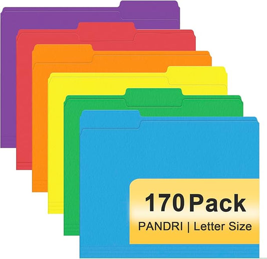 File Folder, PANDRI 170 Pack Colored File Folder, 1/3 Cut Tabs, Letter Size, Assorted 6 Colors Filing Folder for Office School Business-DeskLoop Office