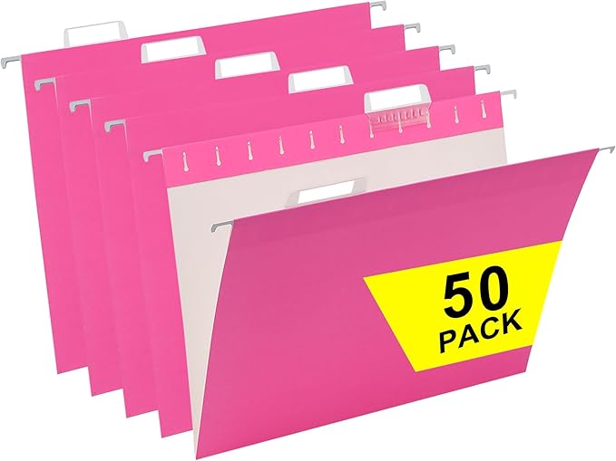 50 Packs Hanging File Folders,Pink Letter Size File Folder,Designed for Bulky Files,Filing Cabinet,1/5 Adjustable Tabs for Office,School,Home-DeskLoop Office