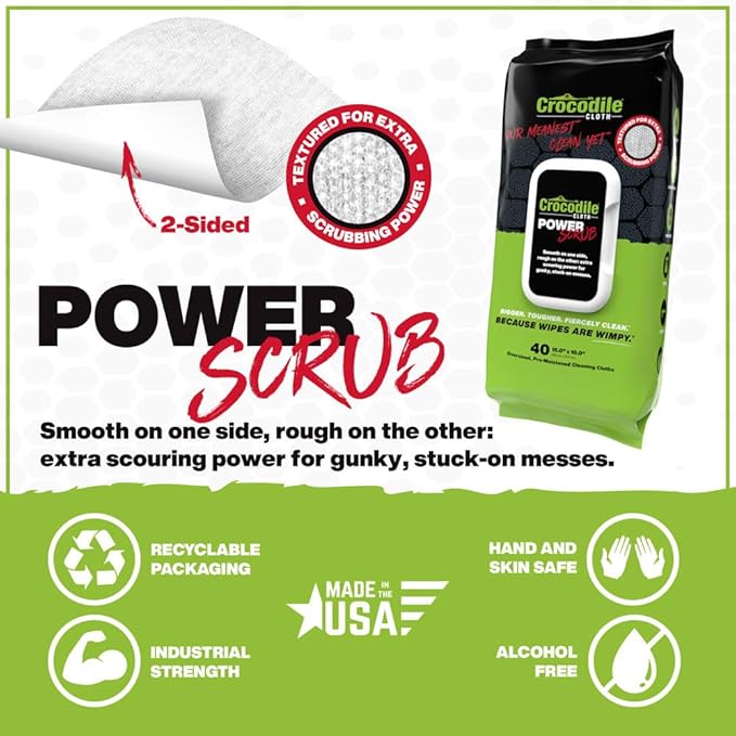 Crocodile Cloth Power Scrub - 40 (15" x 10") Heavy Duty Cleaning Wipes. Safe on Skin & Multiple Surfaces. Infused with Aloe & Vitamin E. Textured, Large, Pre-Moistened & Absorbent.-DeskLoop Office