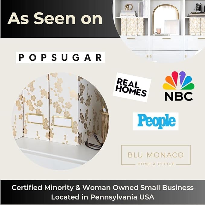 BLU MONACO Decorative Foldable Magazine Storage Boxes for Desk – Set of 4 with Gold Floral Pattern & Gold Label Holder – Ideal for Book Organization & Vertical File Storage-DeskLoop Office