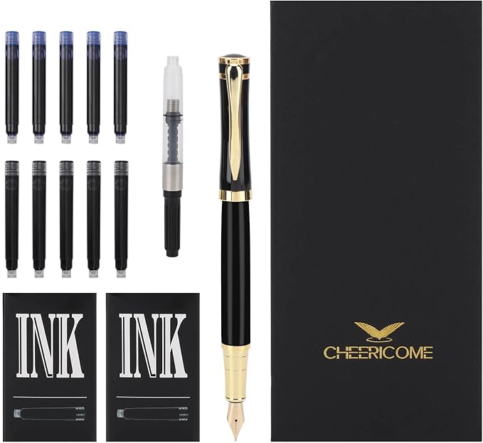 Cheericome Fountain Pen - Ink Pen for Smooth Writing - Exquisite Fountain pen gift set for Men & Women - Fountain Pen Fine Nib,Includes 10 Ink Cartridges and Ink Refill Converter - Black-DeskLoop Office