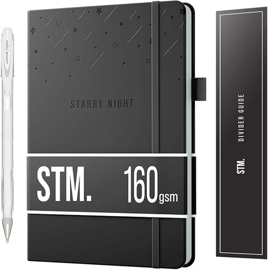 Black Paper Bullet Dotted Journal Notebook | A5 Starry Night by Scribbles That Matter | Free white gel pen | 160gsm Blackout no-bleed dot grid paper | For Men and Women | 5.75 x 8.5 in | Black-DeskLoop Office