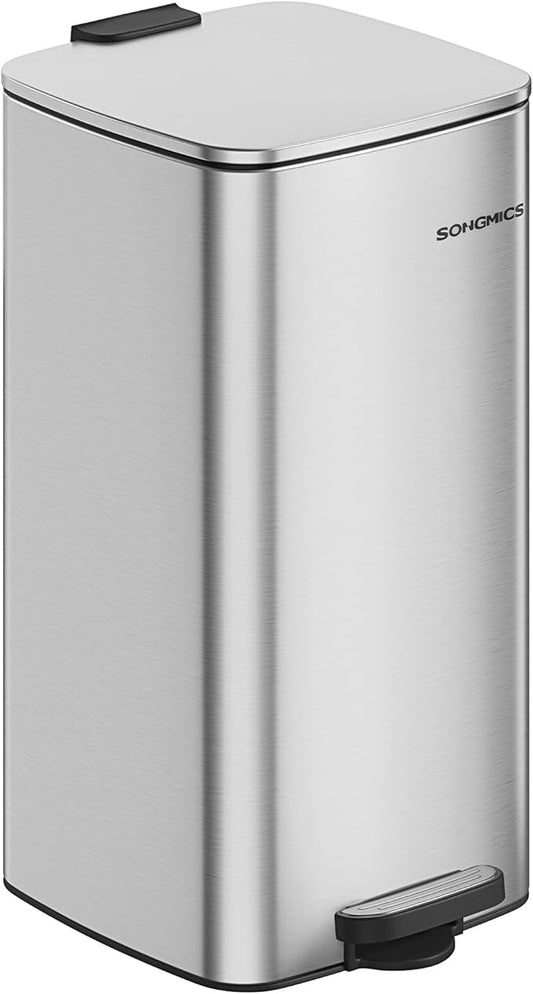SONGMICS Kitchen Trash Can, 8-Gallon (30 L) Trash Bin, Stainless Steel Garbage Can, with Inner Bucket, Soft Close and Stays Open, Metallic Silver ULTB593E01-DeskLoop Office